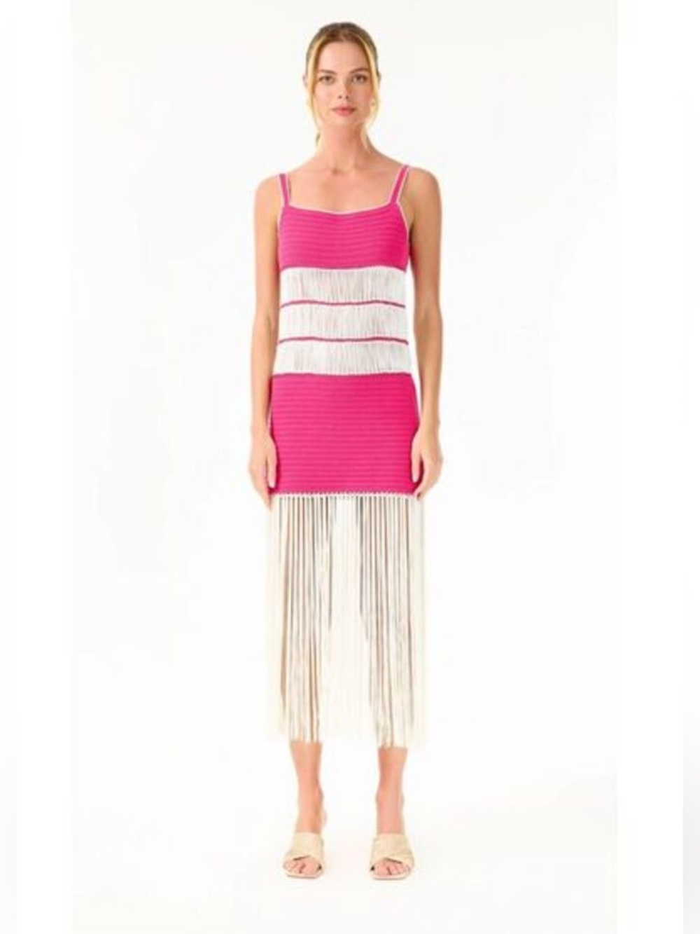 My beachy side crochet fringed color block summer dress in fuschia